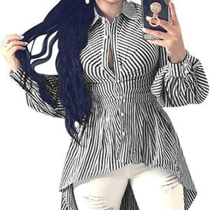 Women Stripe Long Sleeve High Low Asymmetrical Button Down Shirt